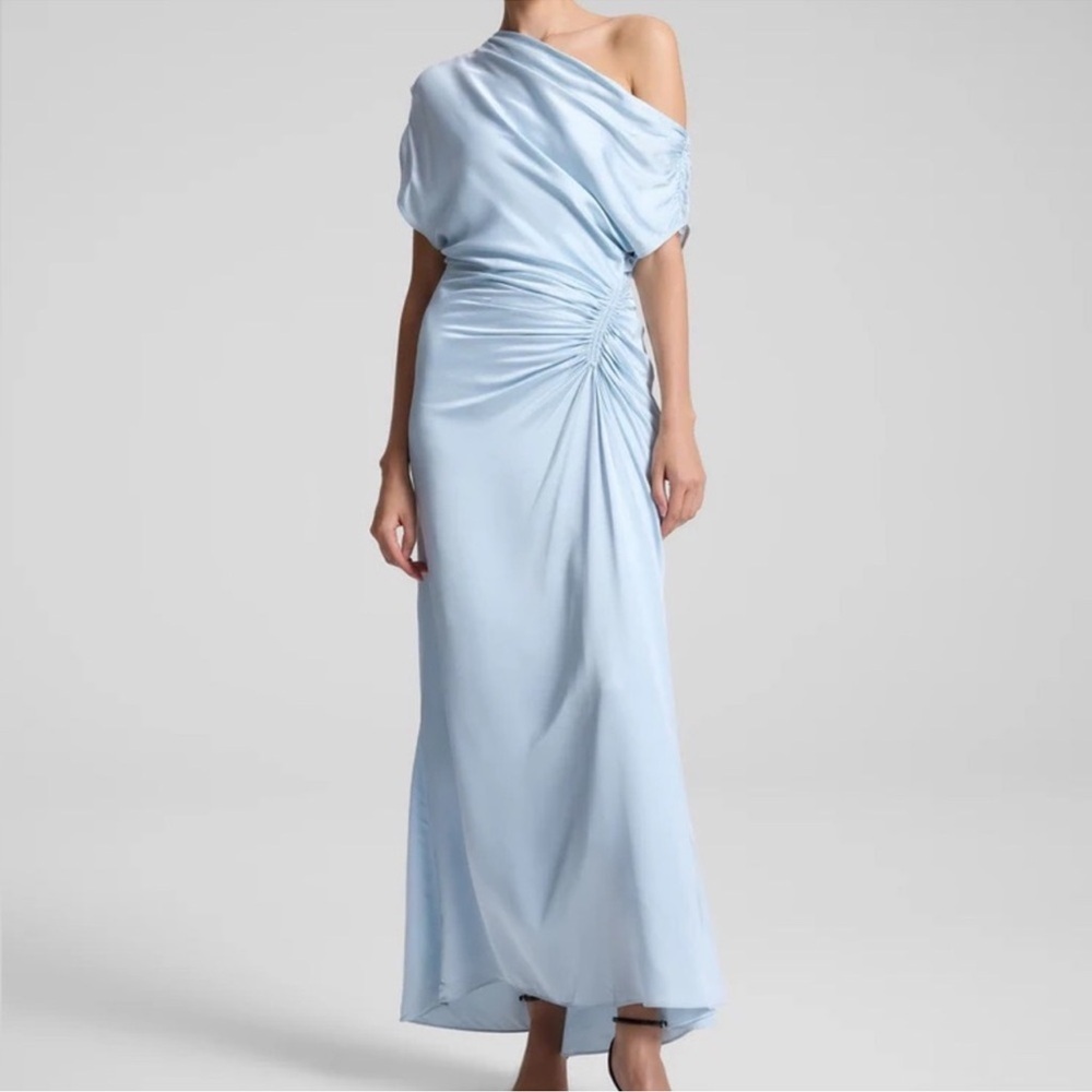 A.L.C. Pale Blue One-Shoulder Ruched Maxi Dress